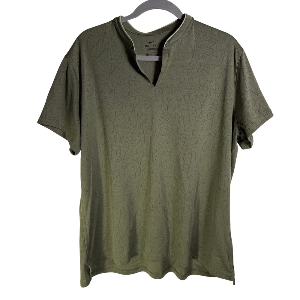 Nike Dri-FIT Women 2XL Olive Green Geometric Jacquard Notched V-Neck Top CK5850